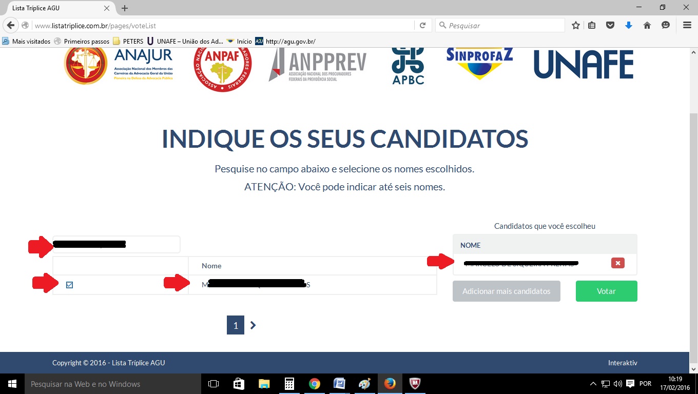 Ao verificar a correspondência do nome escolhido, clique no quadrado ao lado da lista e depois em 'Votar'