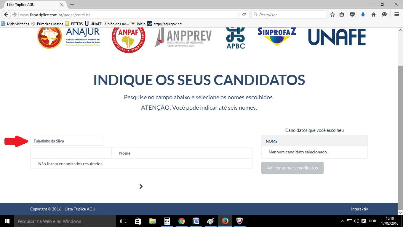 À medida que digitar o nome, uma lista contendo os nomes similares e completos dos candidatos aparecerá abaixo.